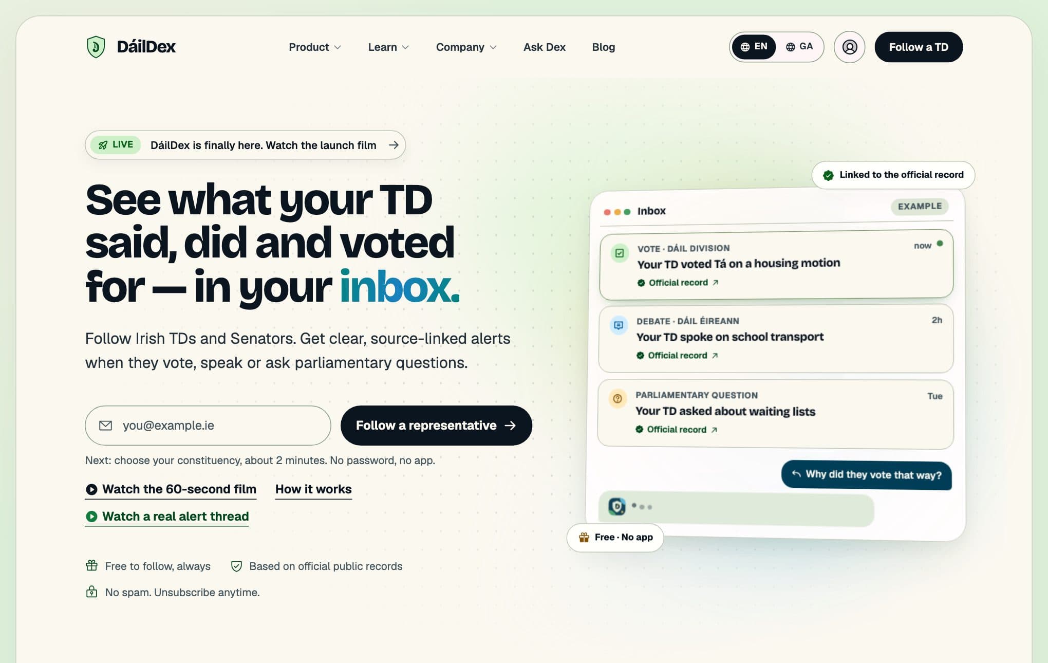The DáilDex home page, showing an example inbox of source-linked alerts about a TD's votes, debates and questions.